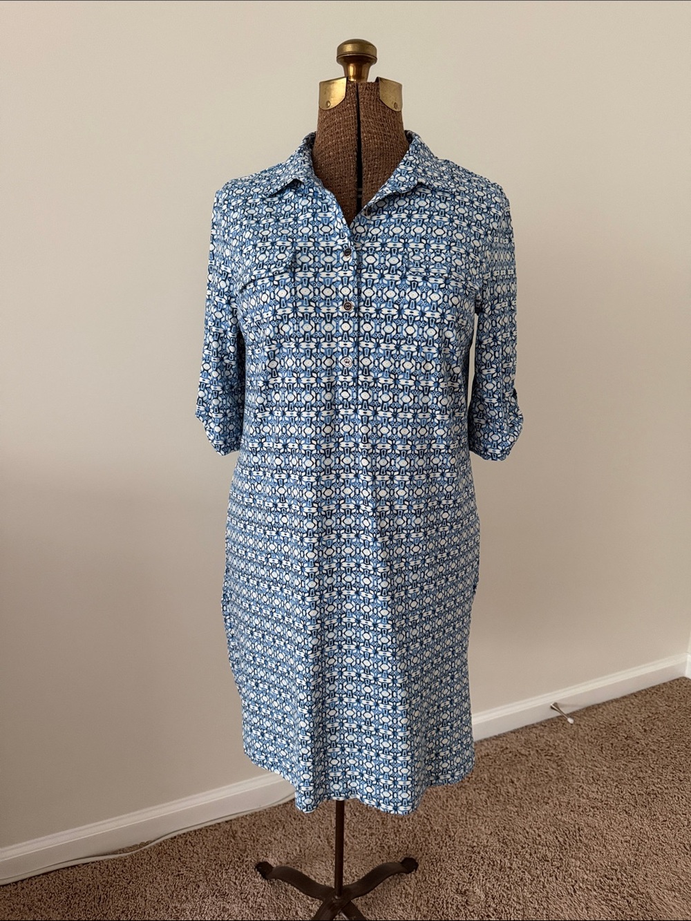 J. McLaughlin Blue Patterned Button-Front Dress